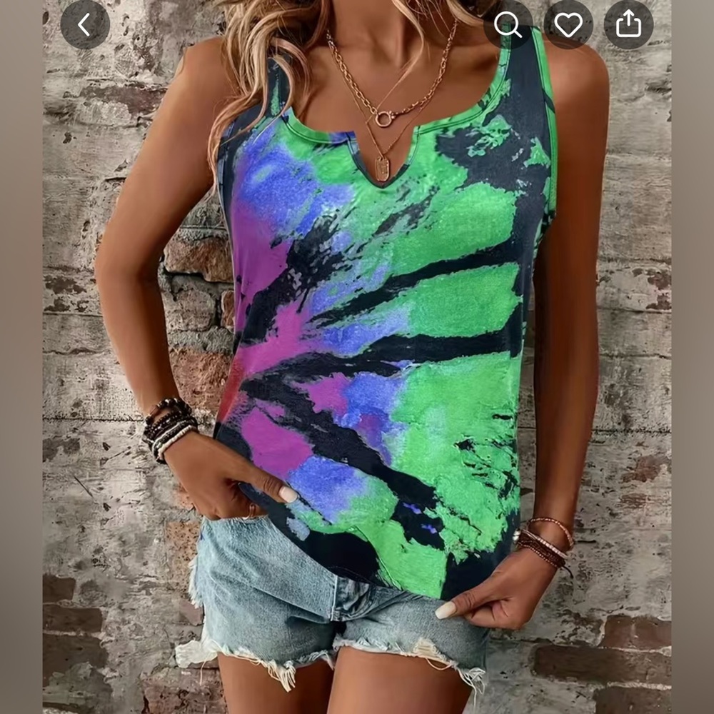 Emerald Green Tie Dye Notched Neck Tank Top